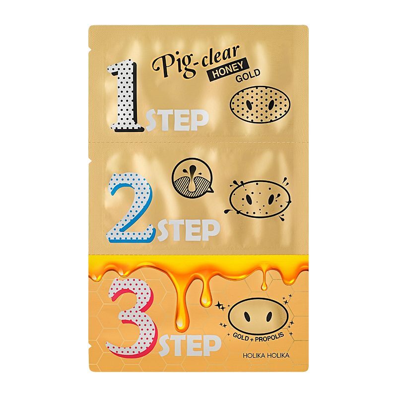 Holika Holika Pig Nose Clear Black Head 3-Step Kit (Honey Gold) - poras valantys pleistrai